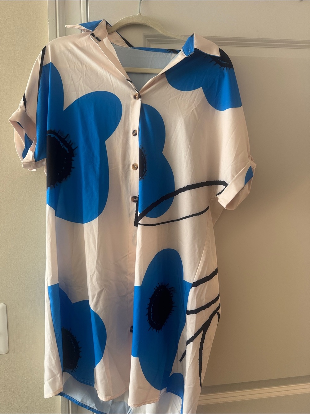 SHEIN Cream Shirt Dress with Bold Blue Floral Print